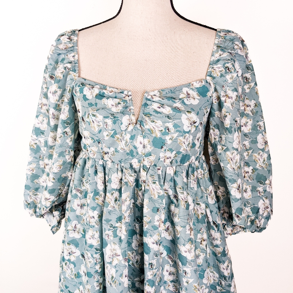 🦋LAST🦋 NWT Storia Green Floral Baby Doll Mini Dress - Picture 3 of 6